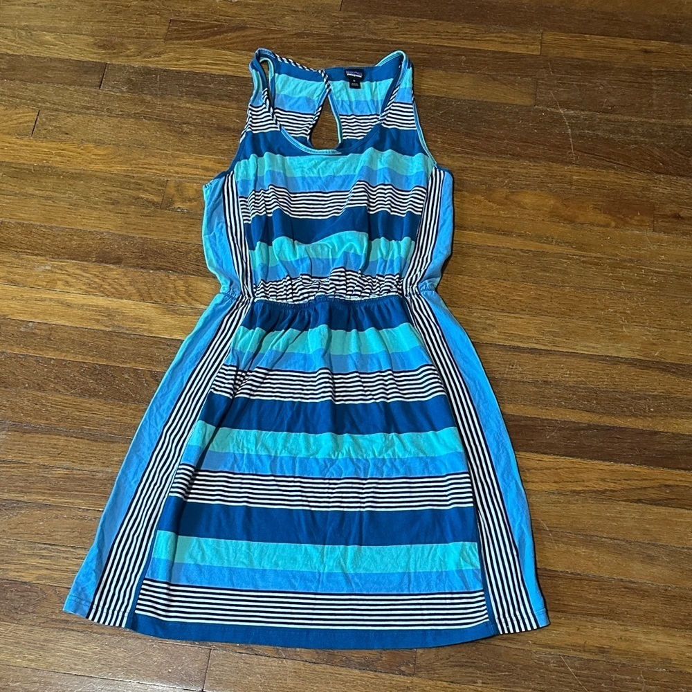 Patagonia Women’s West Ashley Blue & Teal Striped Sundress, Keyhole Back, Medium